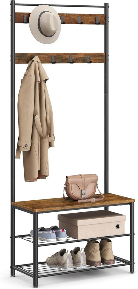Three-in-One Entryway Hall Tree with Coat Hooks and a Shoe Bench