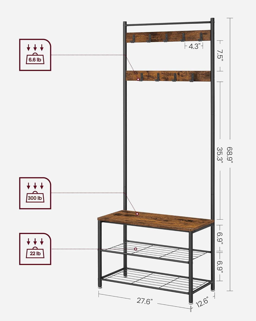 Three-in-One Entryway Hall Tree with Coat Hooks and a Shoe Bench