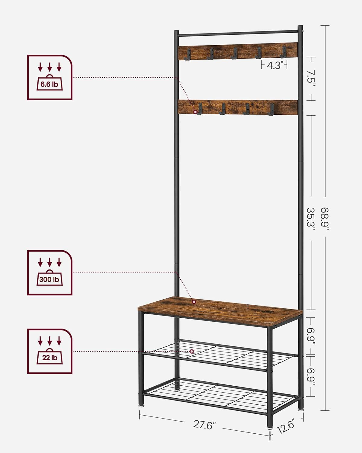 Three-in-One Entryway Hall Tree with Coat Hooks and a Shoe Bench