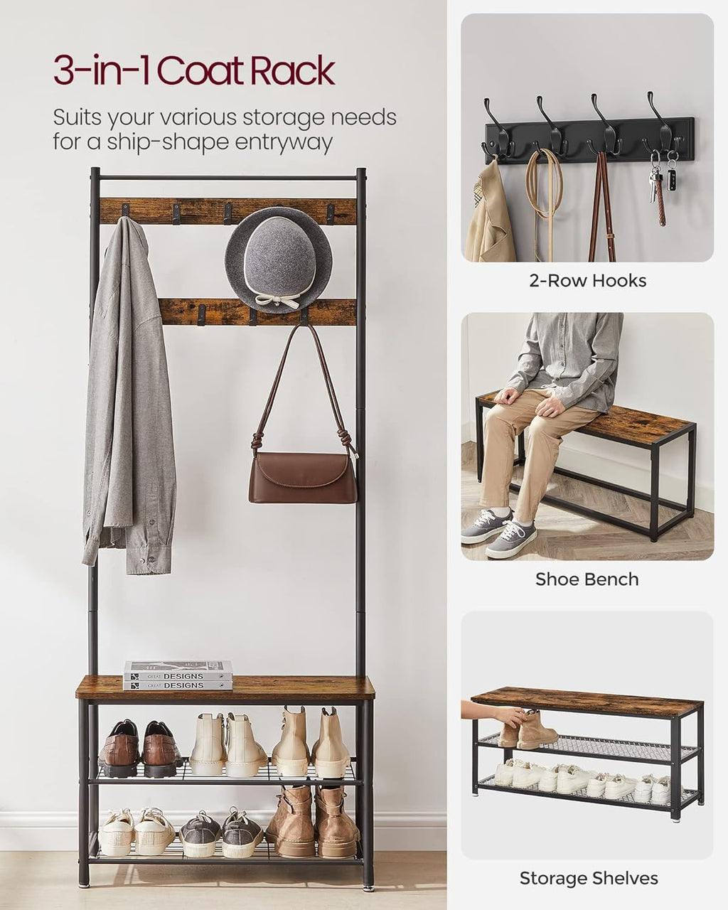 Three-in-One Entryway Hall Tree with Coat Hooks and a Shoe Bench
