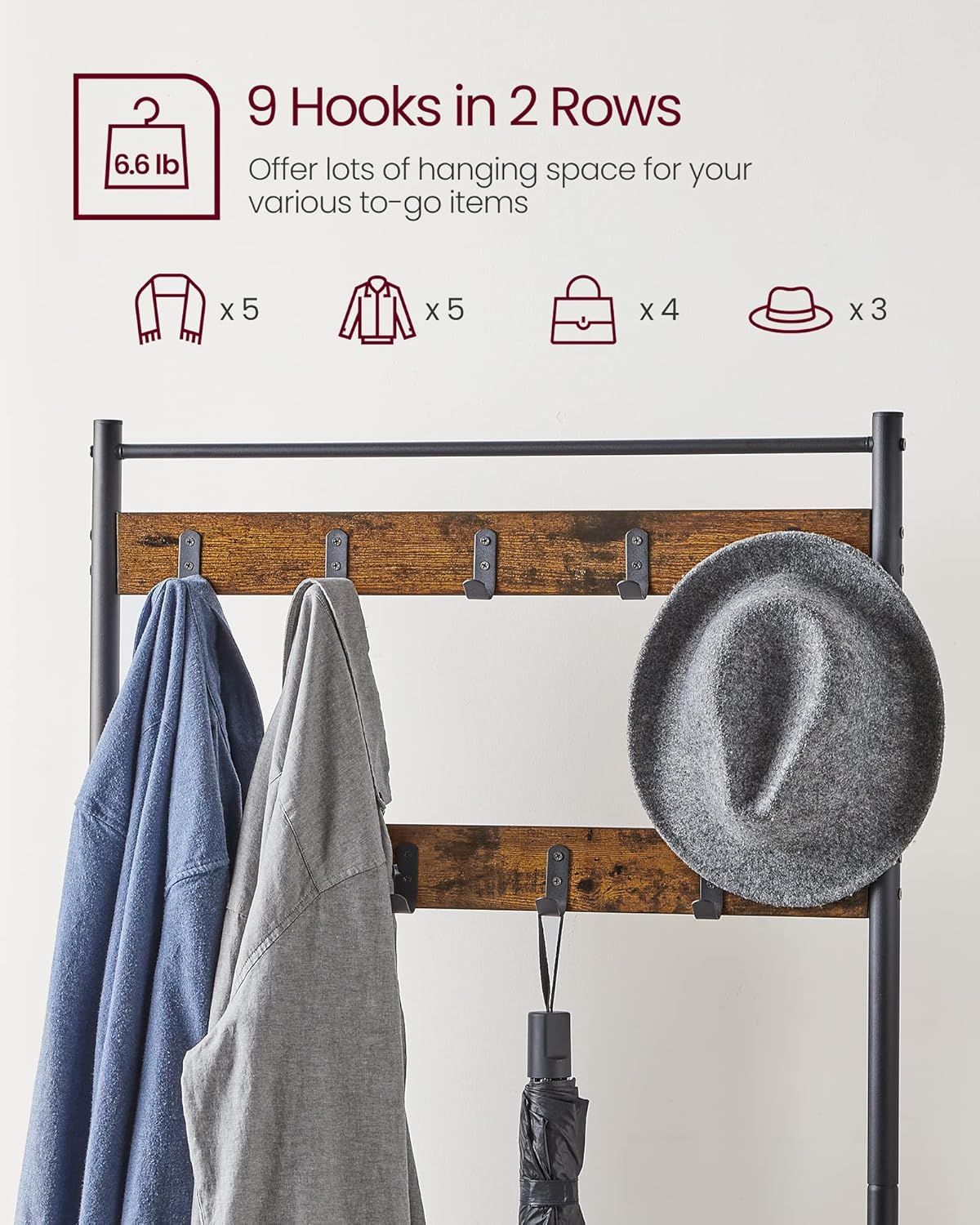 Three-in-One Entryway Hall Tree with Coat Hooks and a Shoe Bench