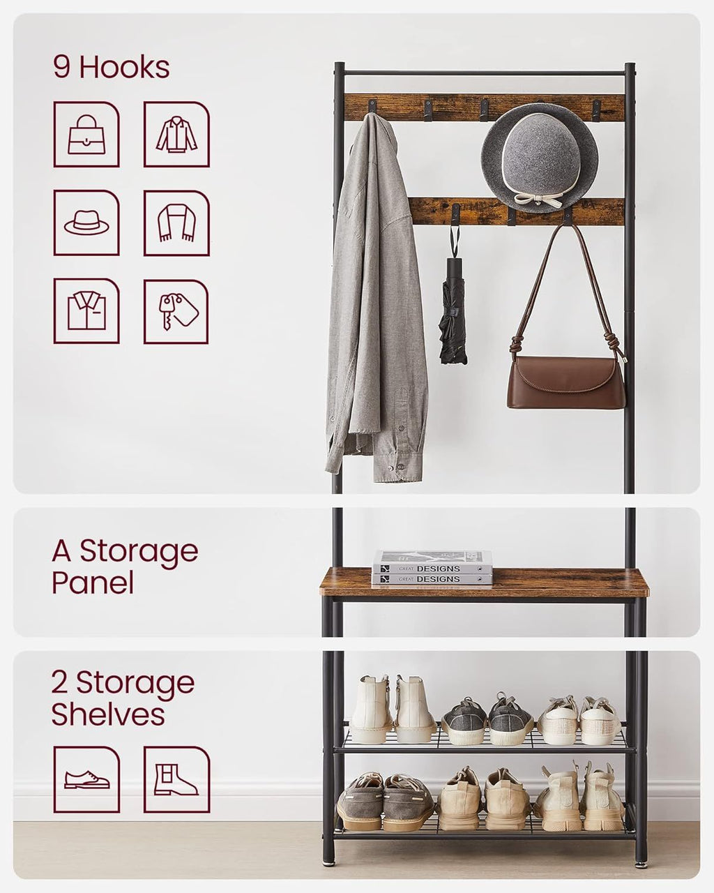 Three-in-One Entryway Hall Tree with Coat Hooks and a Shoe Bench