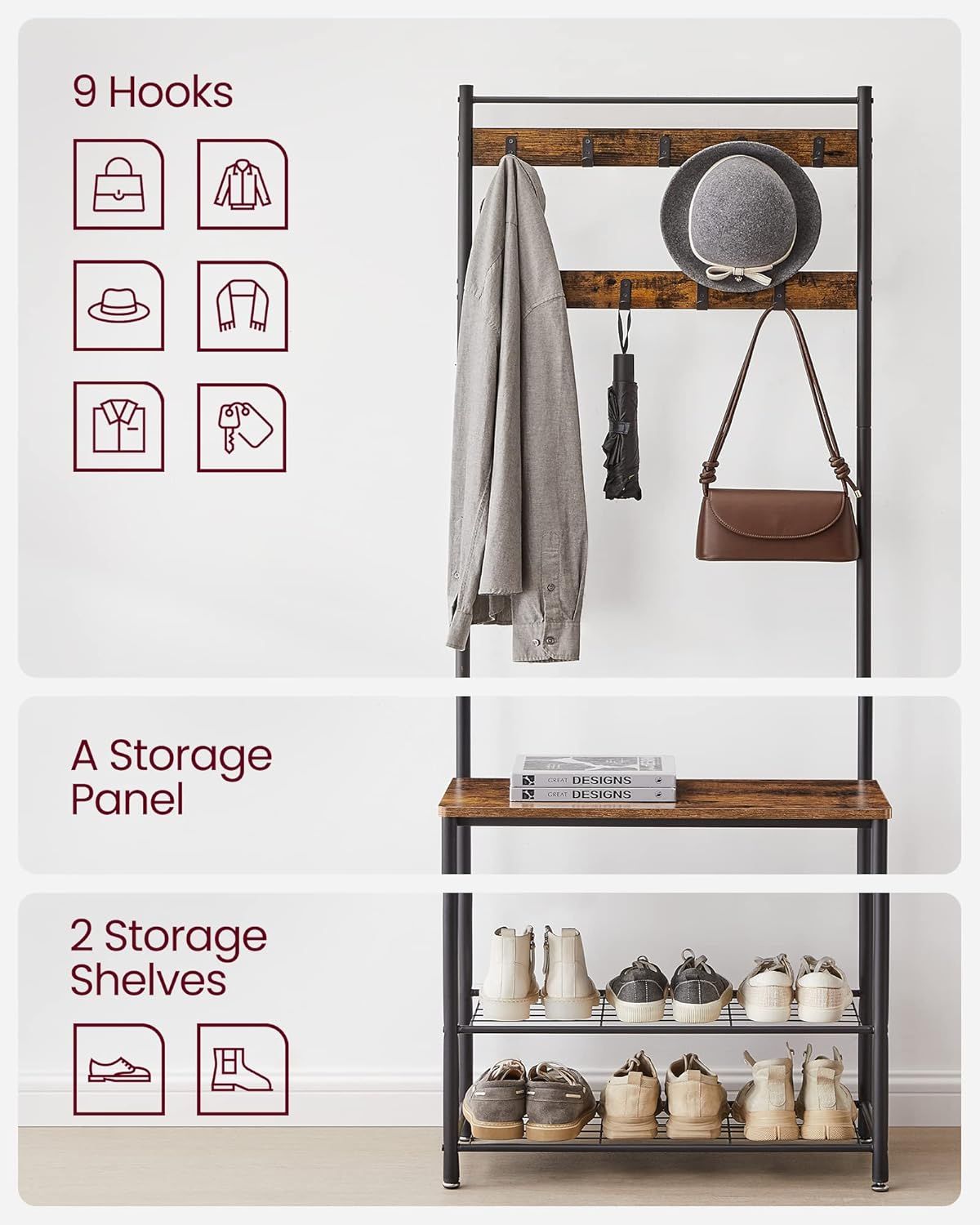 Three-in-One Entryway Hall Tree with Coat Hooks and a Shoe Bench