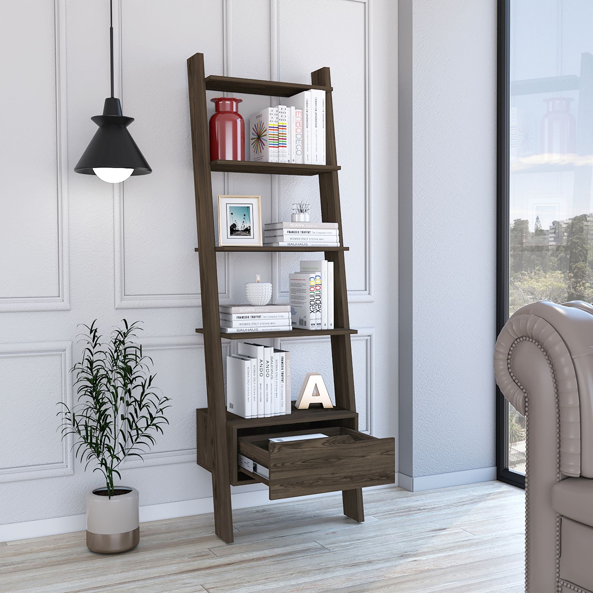 Hamburg Ladder Bookcase: Five Open Shelves & Handy Drawer