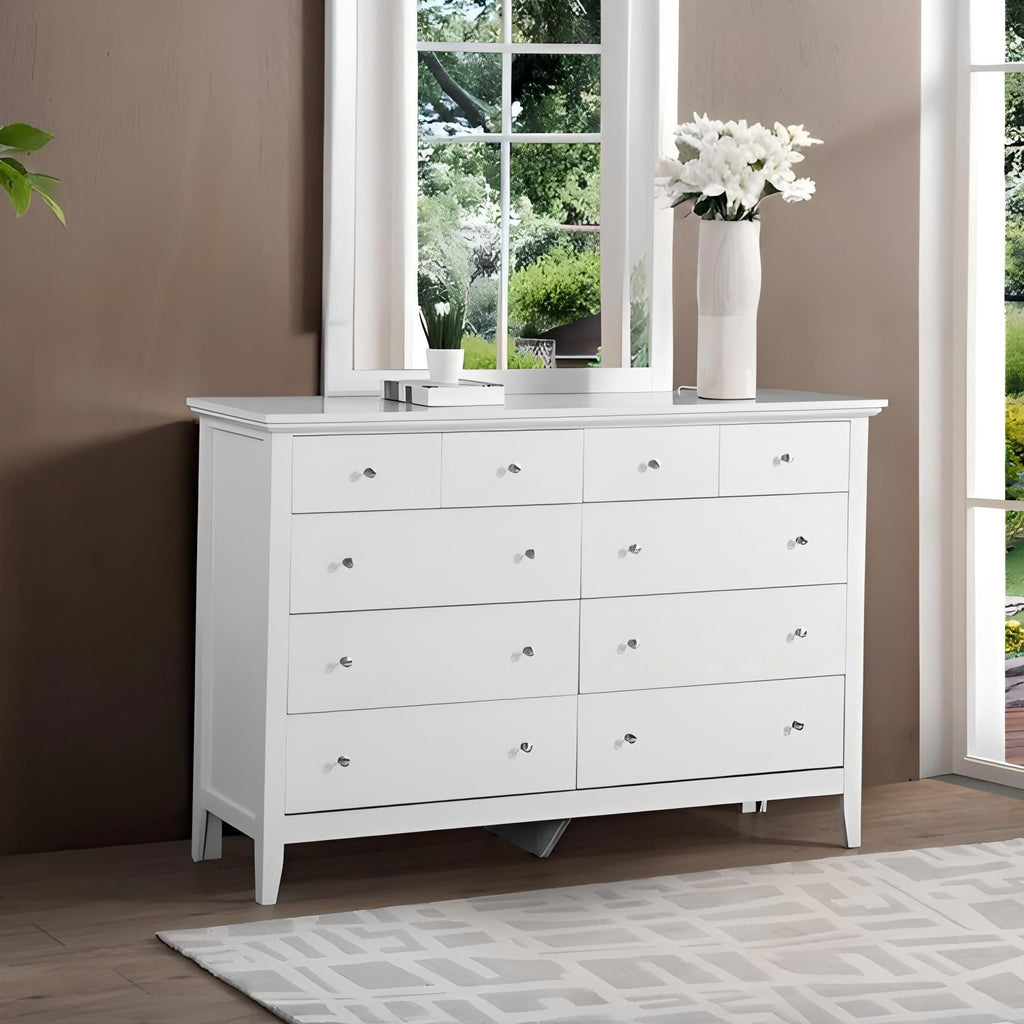 White Dresser with Dovetail Drawers and Nickel Hardware – Contemporary Design