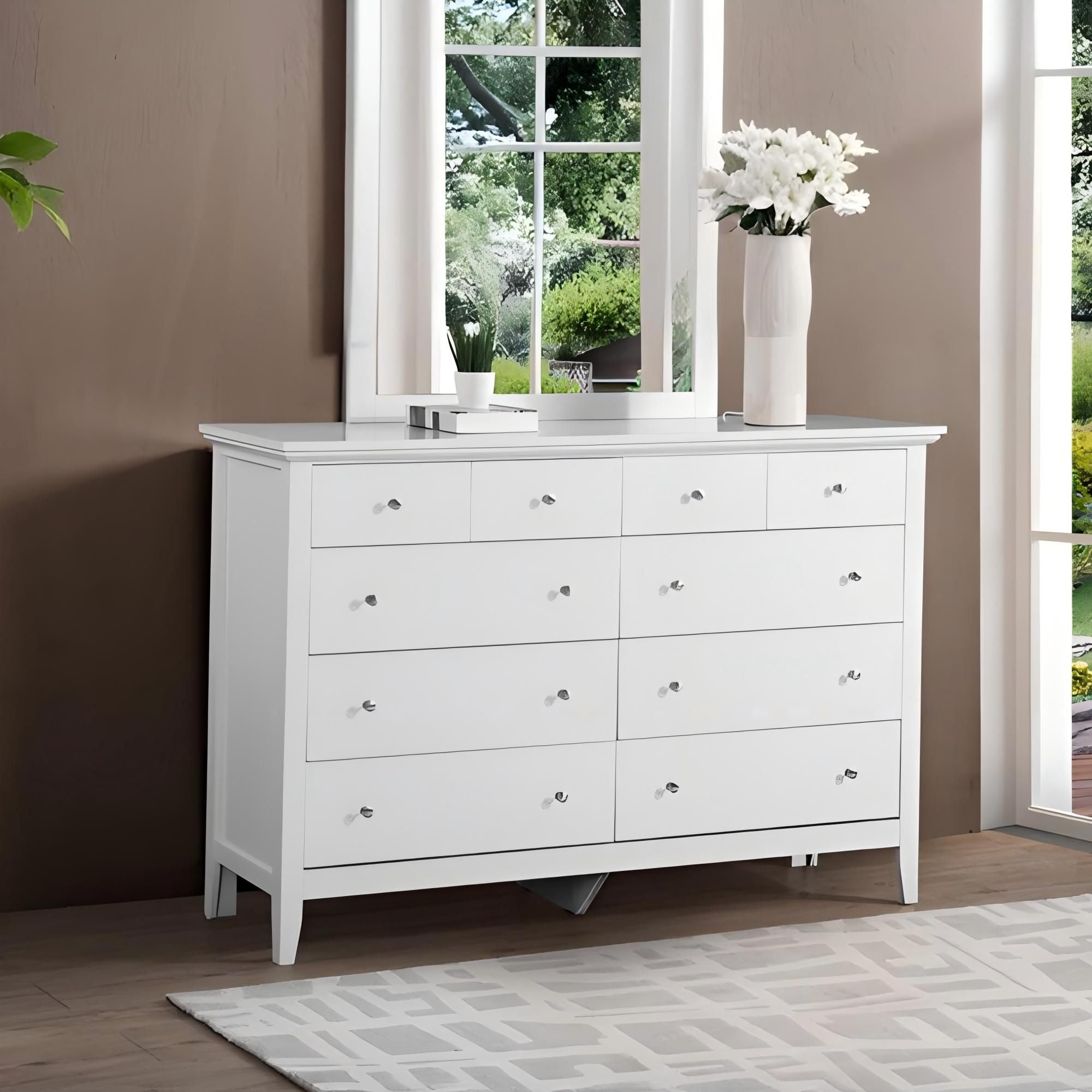 White Dresser with Dovetail Drawers and Nickel Hardware – Contemporary Design