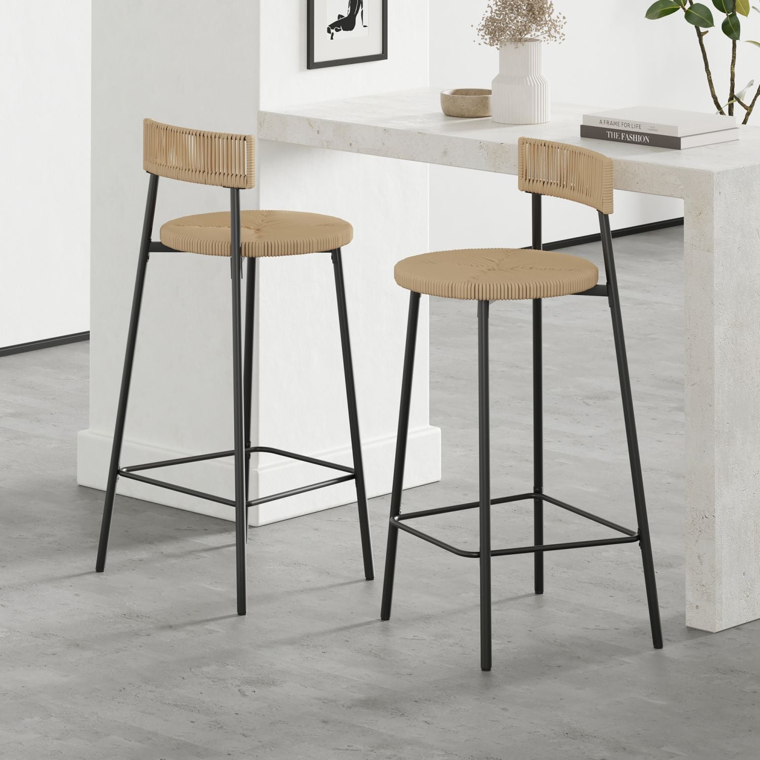 Hand-Woven Bar Stools for Relaxed Counter Seating