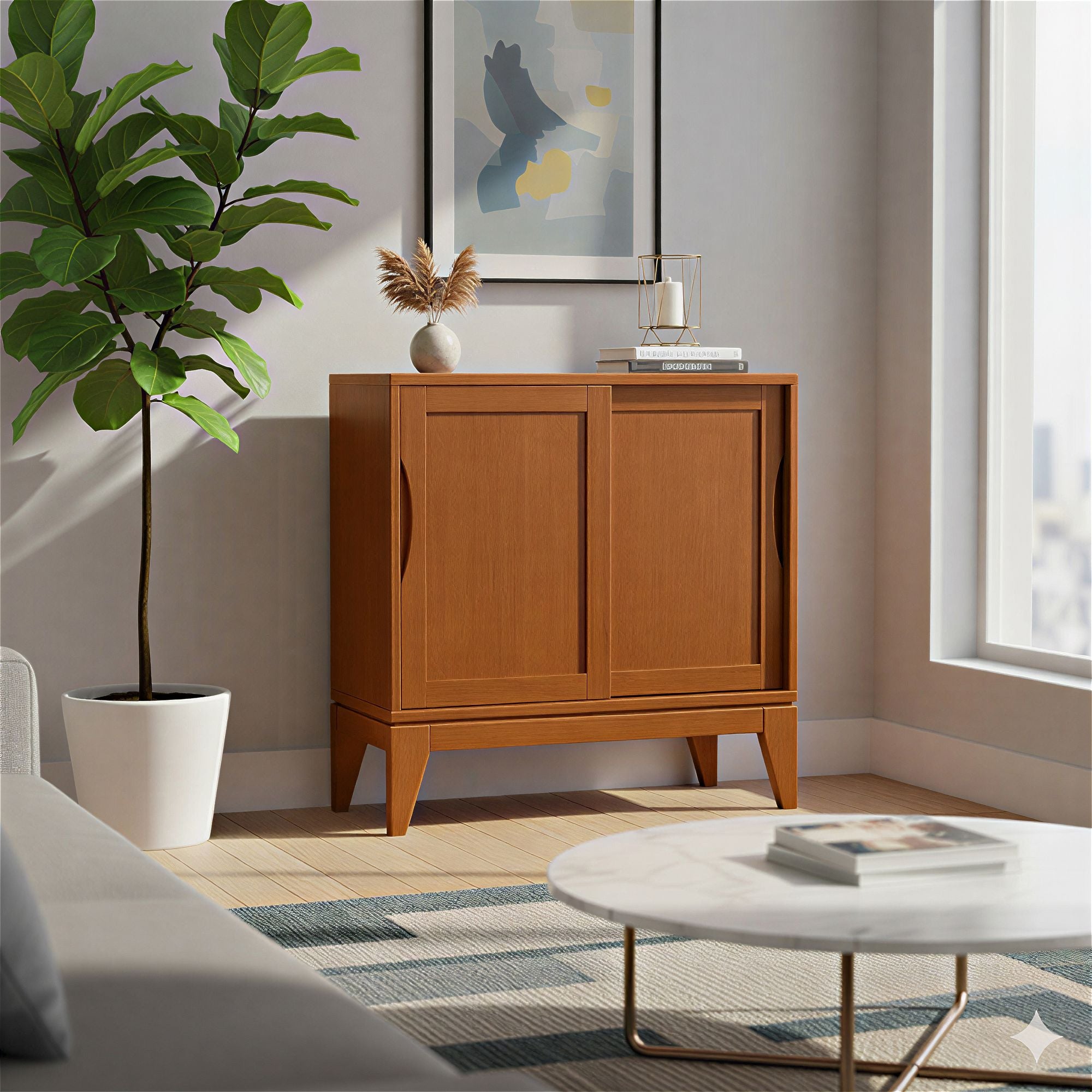 Mid-Century Low Storage Cabinet with Sliding Doors
