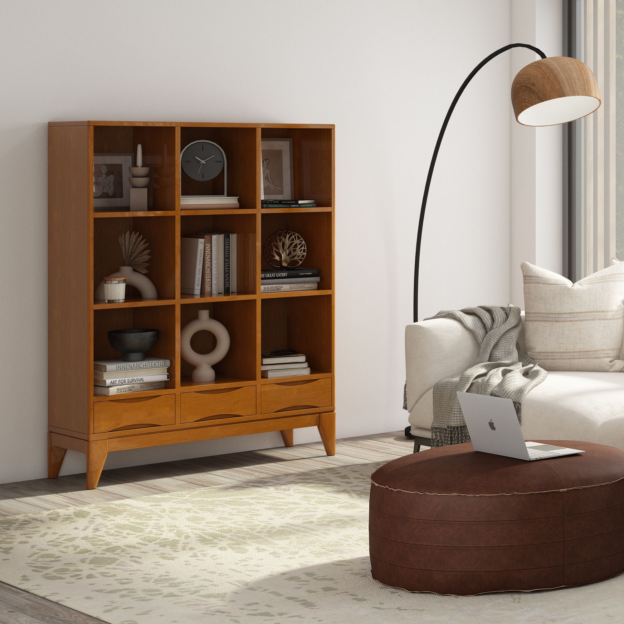 Teak Brown Solid Wood Cube Storage Unit with Drawers - 9 Open Compartments
