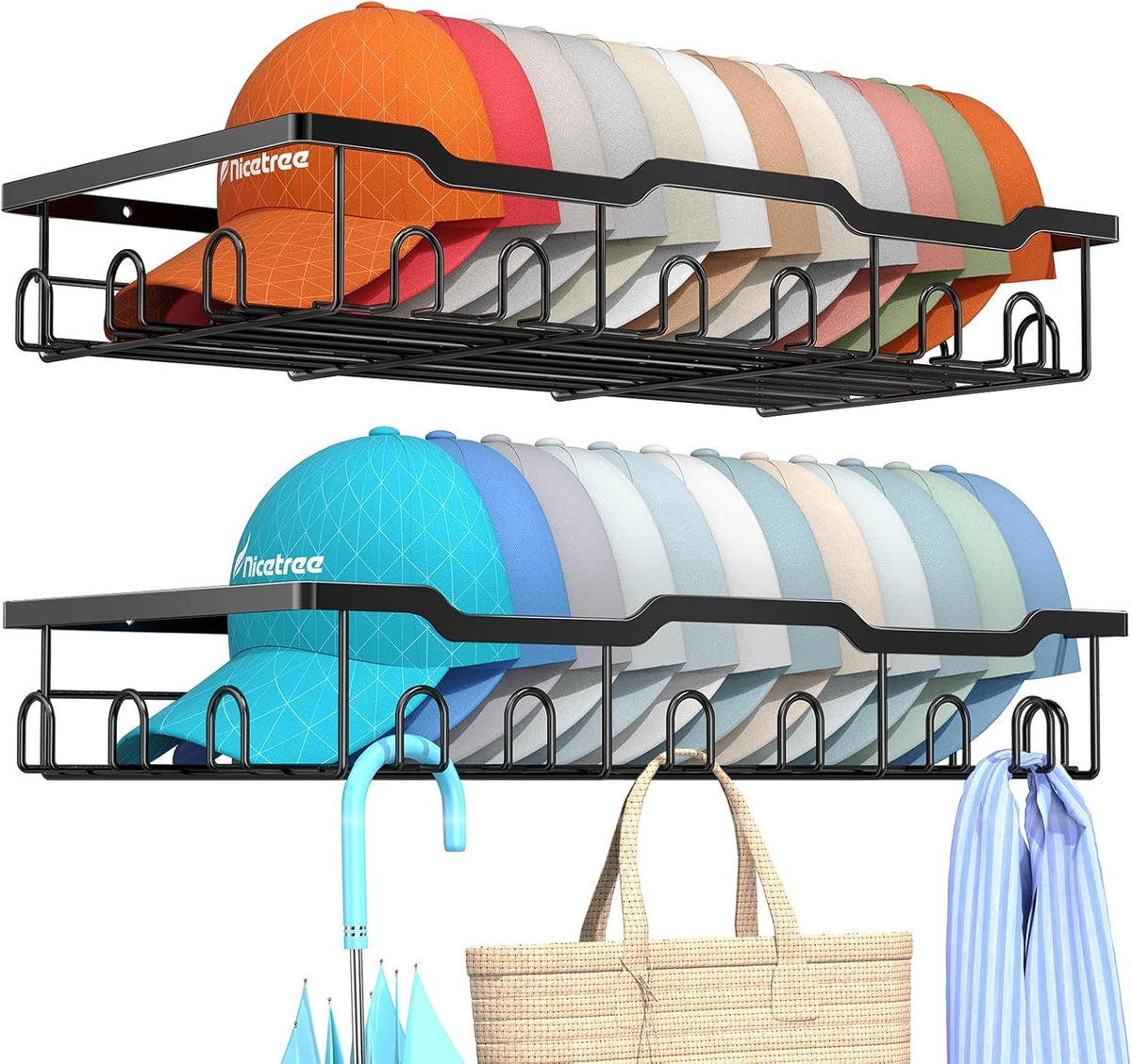 Wall-Mounted Hat Rack Set Displays a Baseball Cap Collection