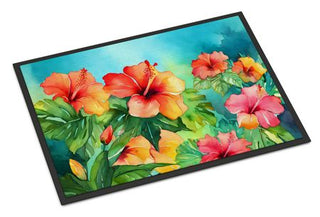 Hawaiian Hibiscus Watercolor Indoor Outdoor Doormat