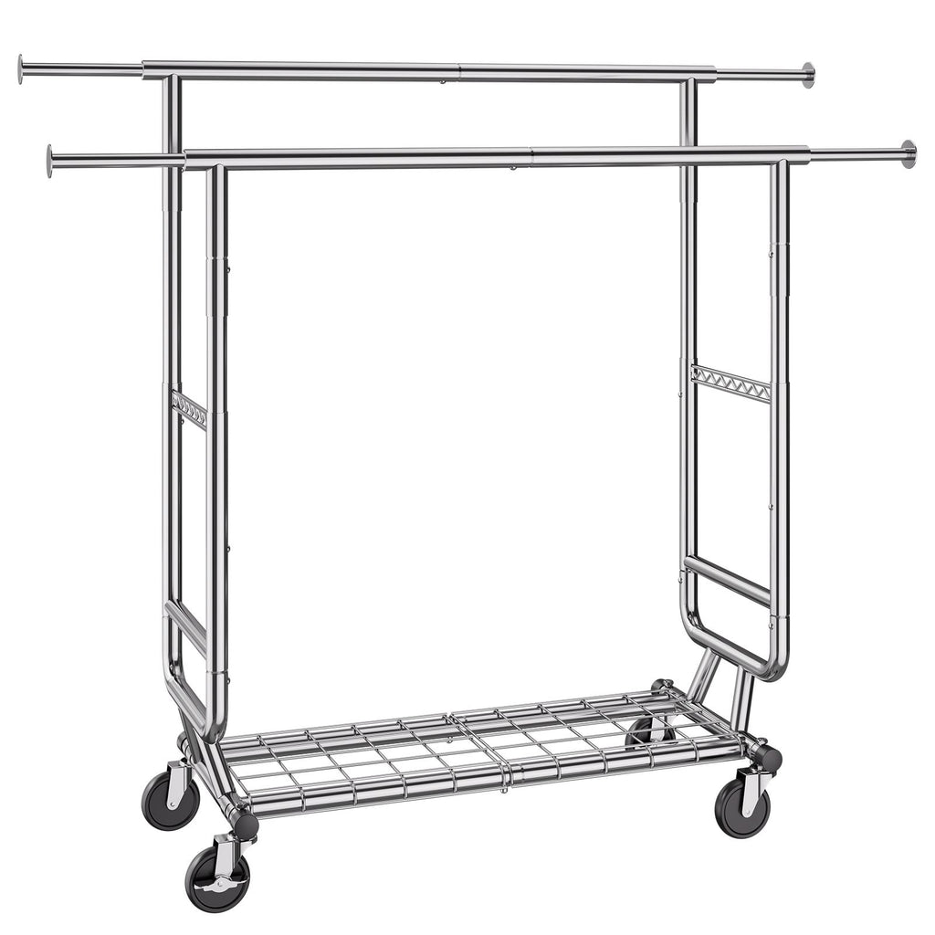 Double Hanging Rod Clothes Rack with Adjustable & Extendable Design, Easy Mobility, and Extra Storage