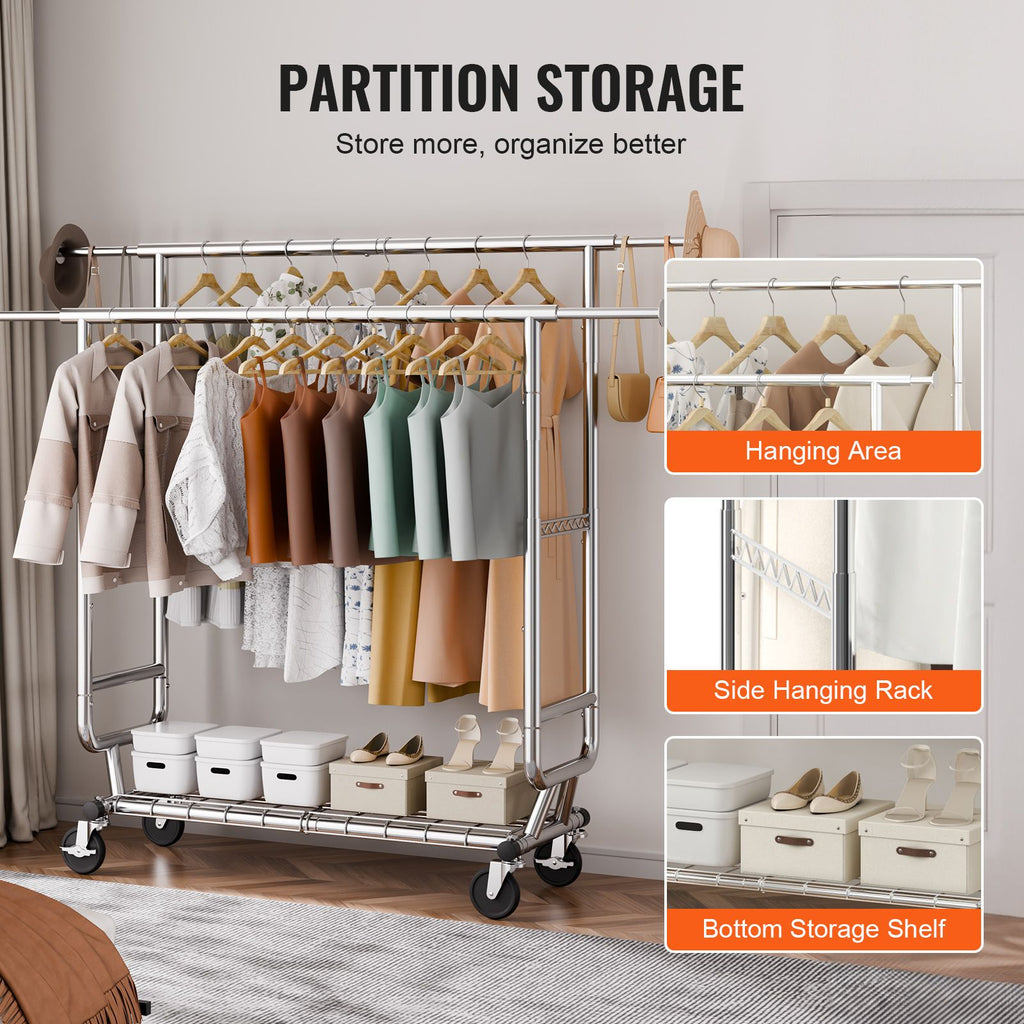 Double Hanging Rod Clothes Rack with Adjustable & Extendable Design, Easy Mobility, and Extra Storage