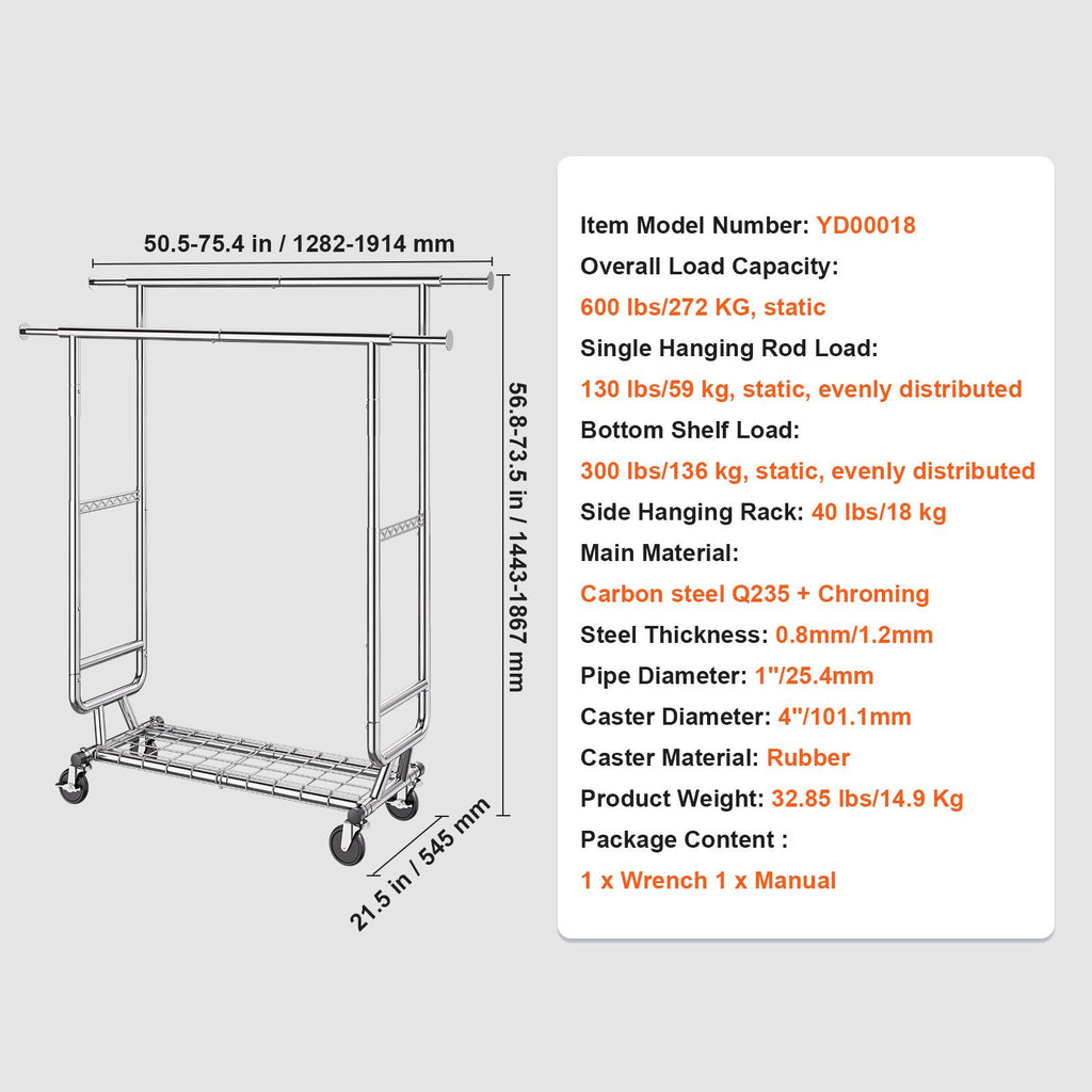 Double Hanging Rod Clothes Rack with Adjustable & Extendable Design, Easy Mobility, and Extra Storage