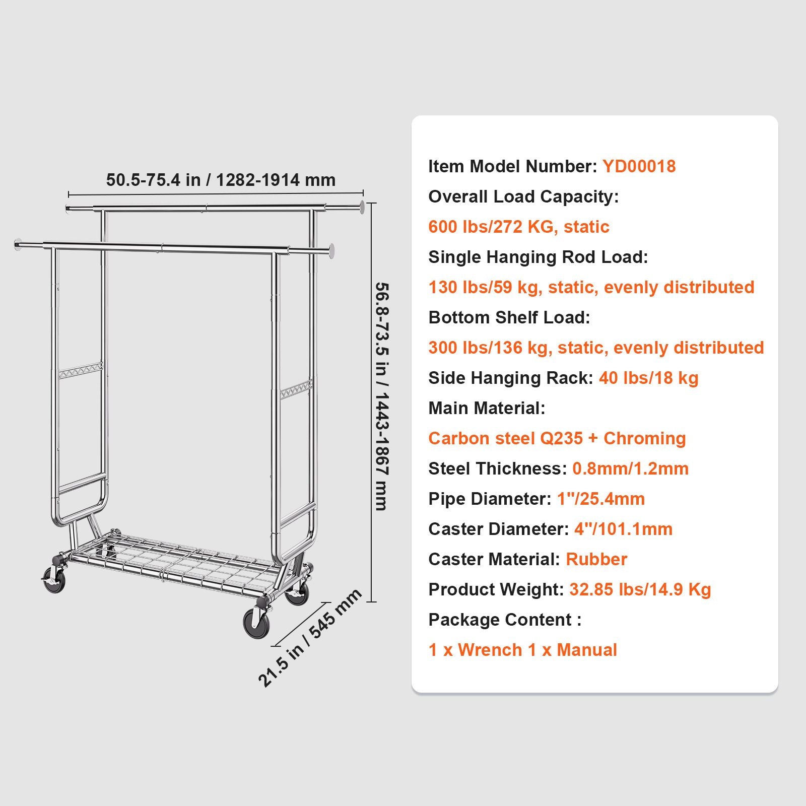 Double Hanging Rod Clothes Rack with Adjustable & Extendable Design, Easy Mobility, and Extra Storage