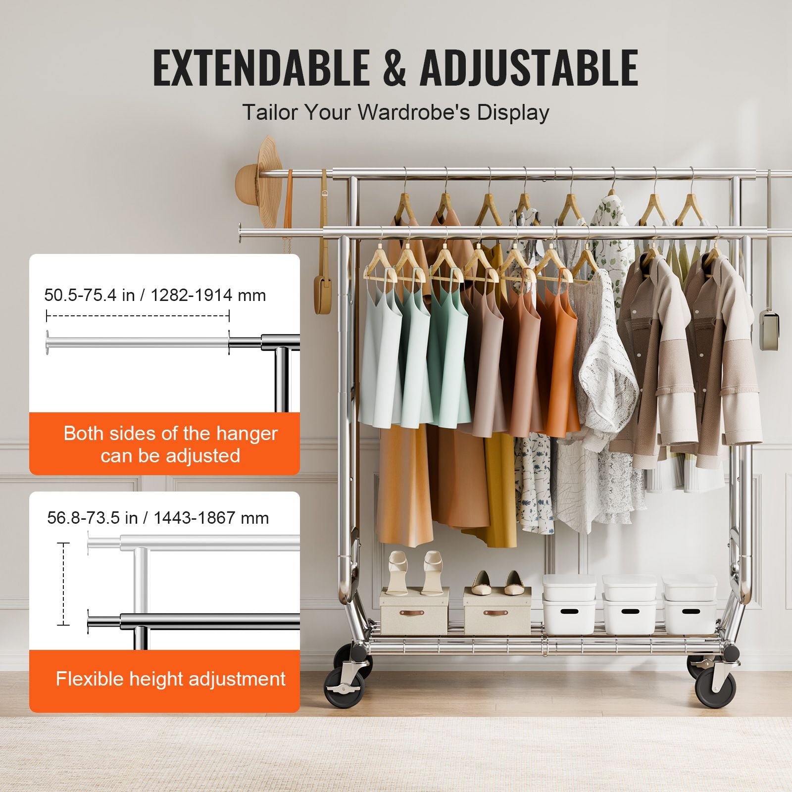 Double Hanging Rod Clothes Rack with Adjustable & Extendable Design, Easy Mobility, and Extra Storage
