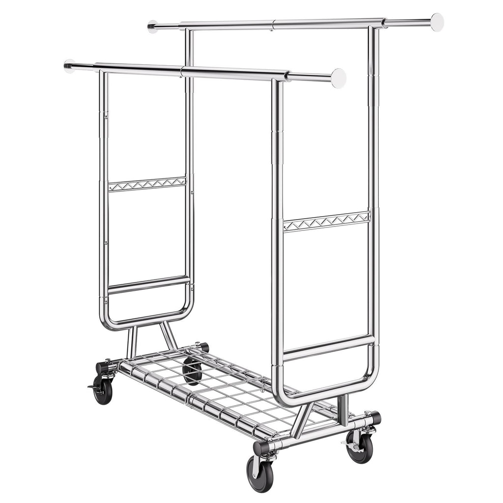 Double Hanging Rod Clothes Rack with Adjustable & Extendable Design, Easy Mobility, and Extra Storage