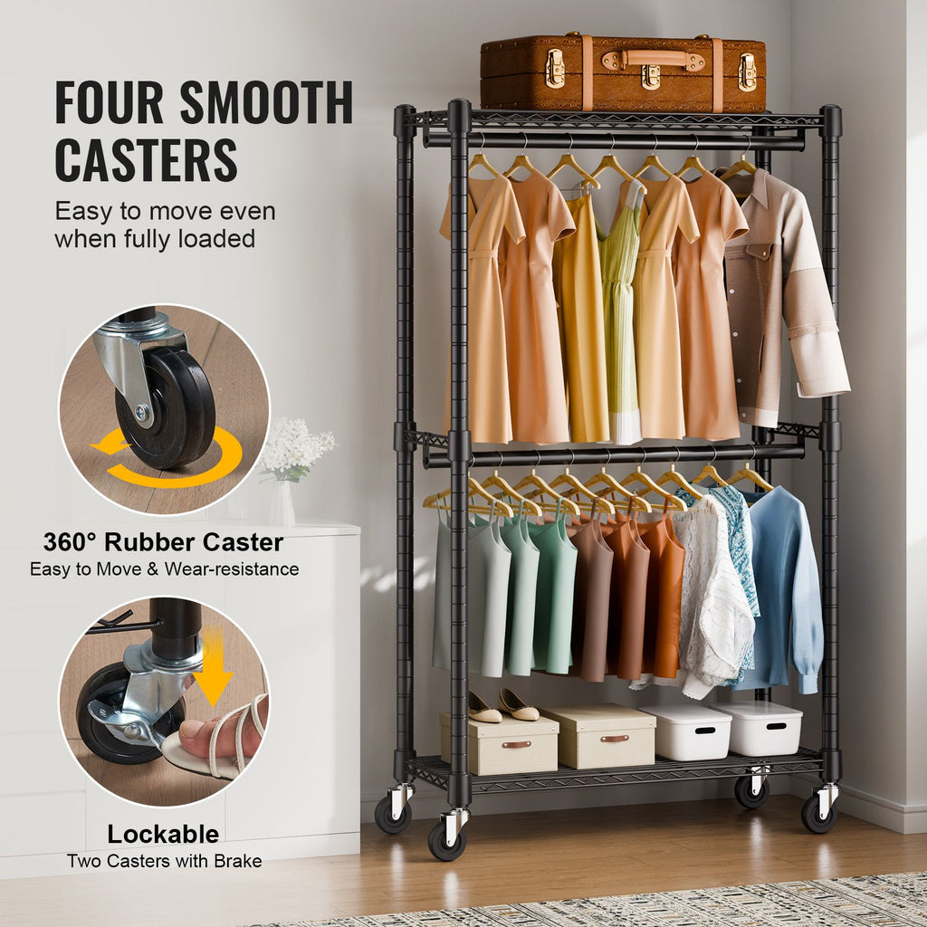 Double Hanging Rod Clothing Rack on Wheels with Storage Shelves