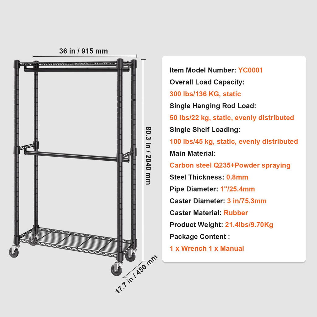 Double Hanging Rod Clothing Rack on Wheels with Storage Shelves