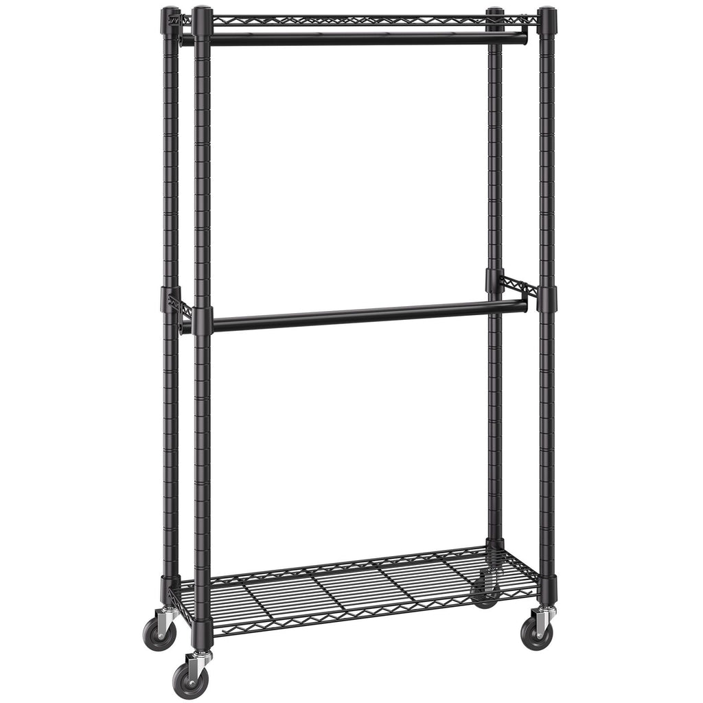 Double Hanging Rod Clothing Rack on Wheels with Storage Shelves