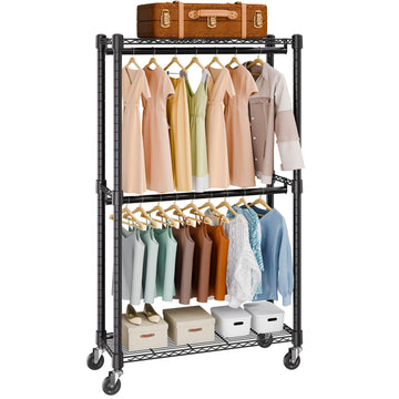 Double Hanging Rod Clothing Rack on Wheels with Storage Shelves