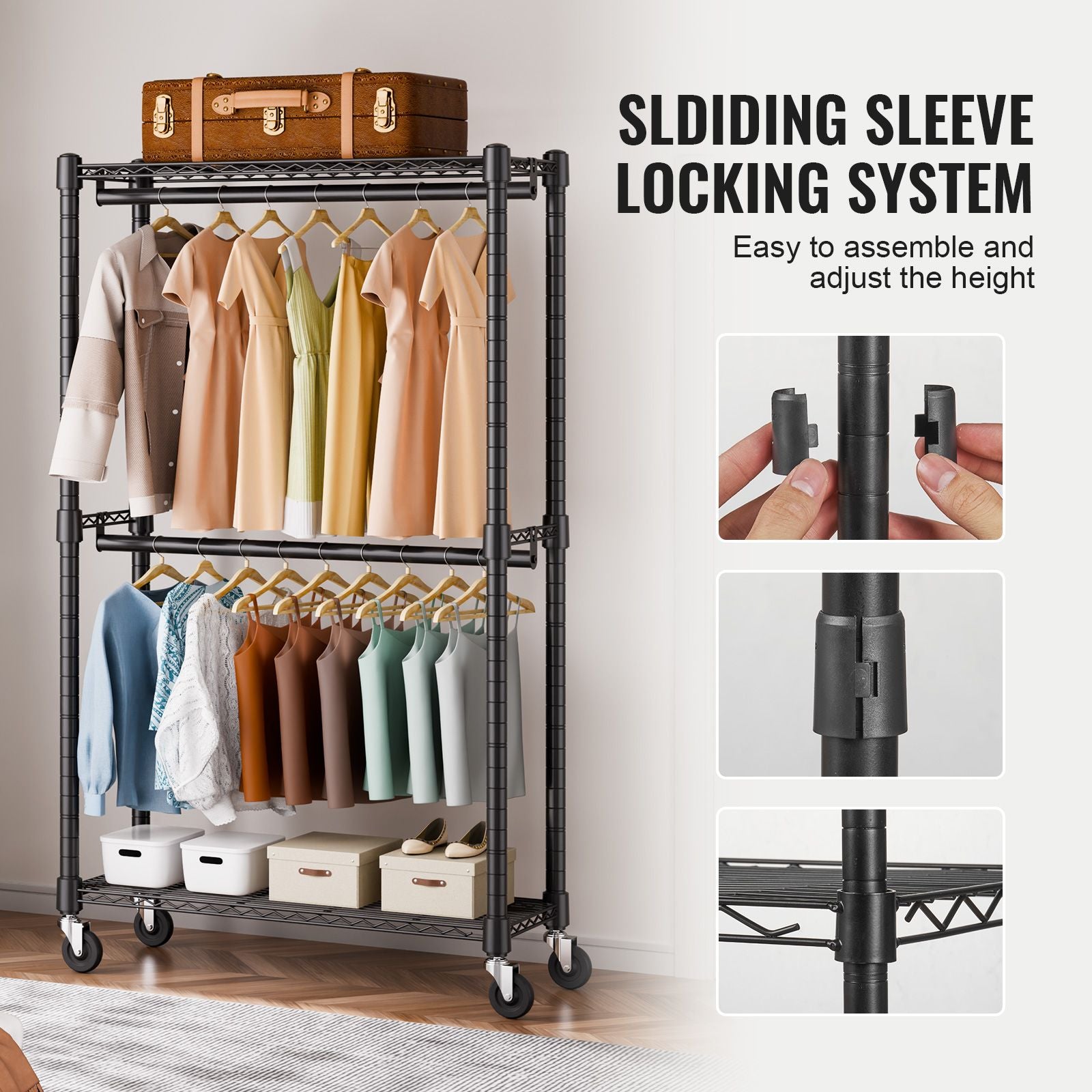 Double Hanging Rod Clothing Rack on Wheels with Storage Shelves