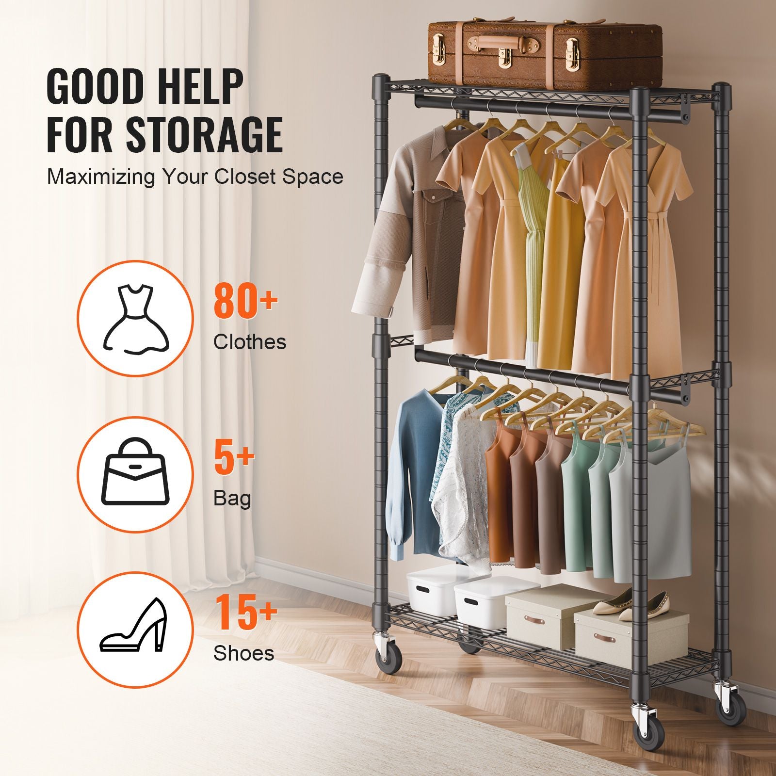 Double Hanging Rod Clothing Rack on Wheels with Storage Shelves