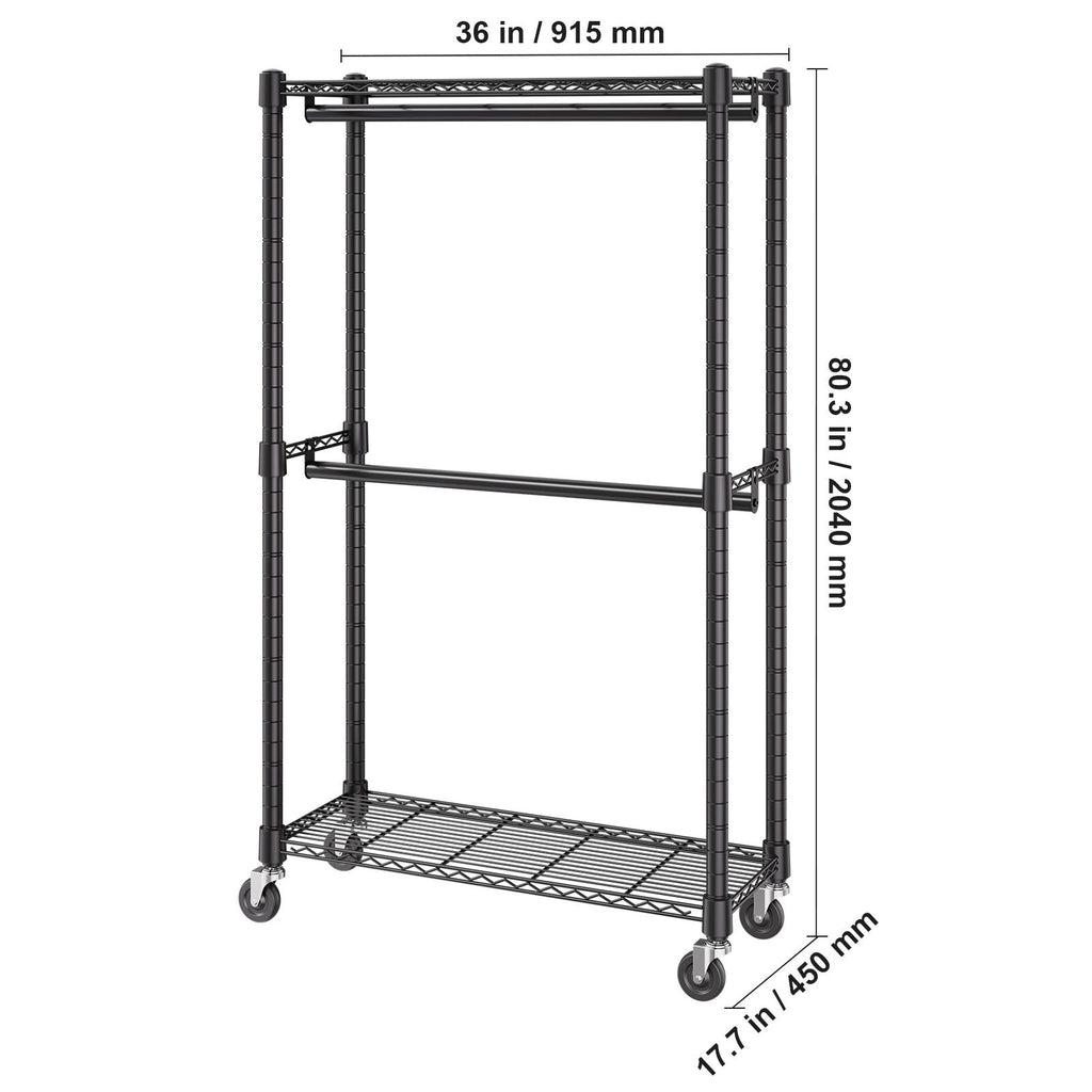 Double Hanging Rod Clothing Rack on Wheels with Storage Shelves