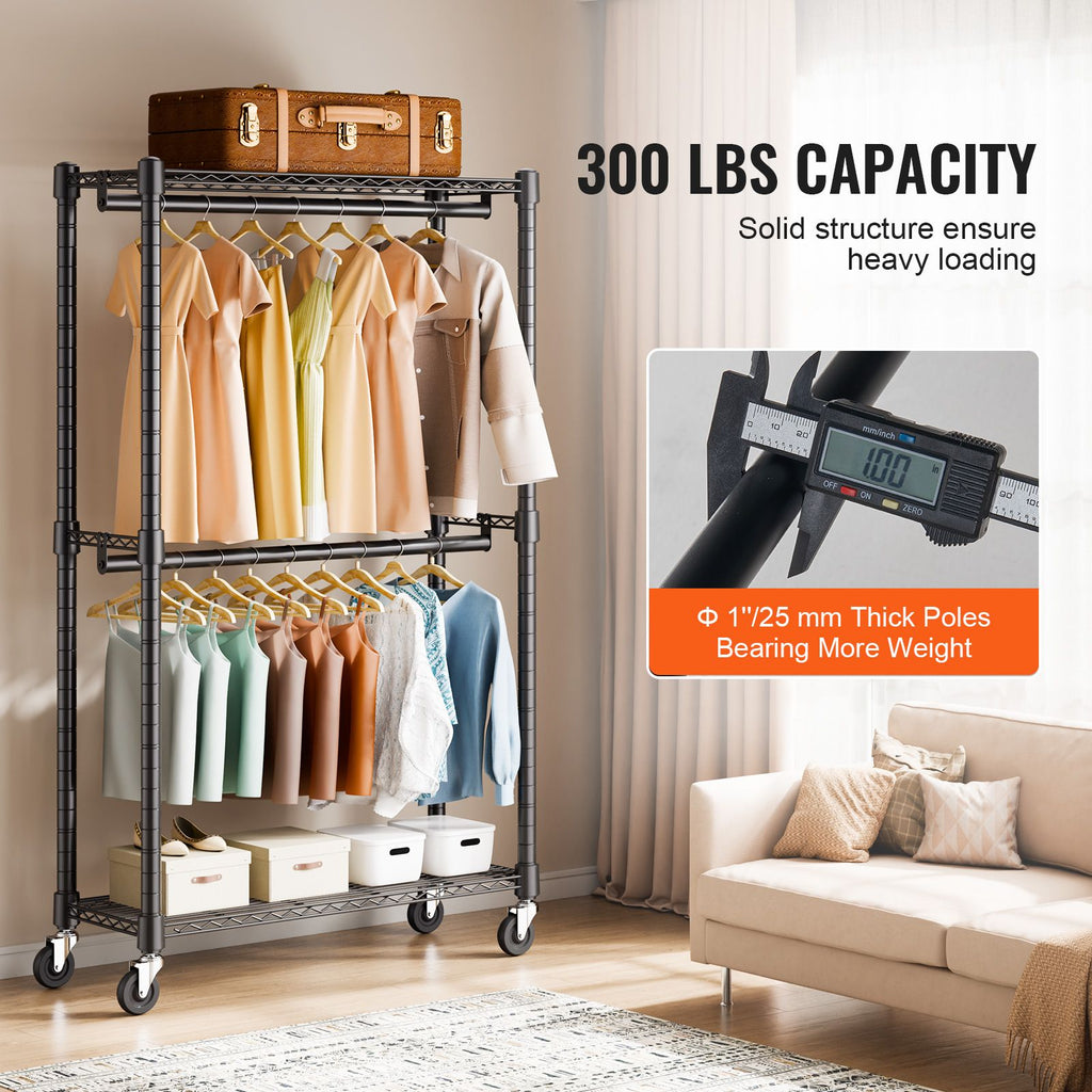 Double Hanging Rod Clothing Rack on Wheels with Storage Shelves