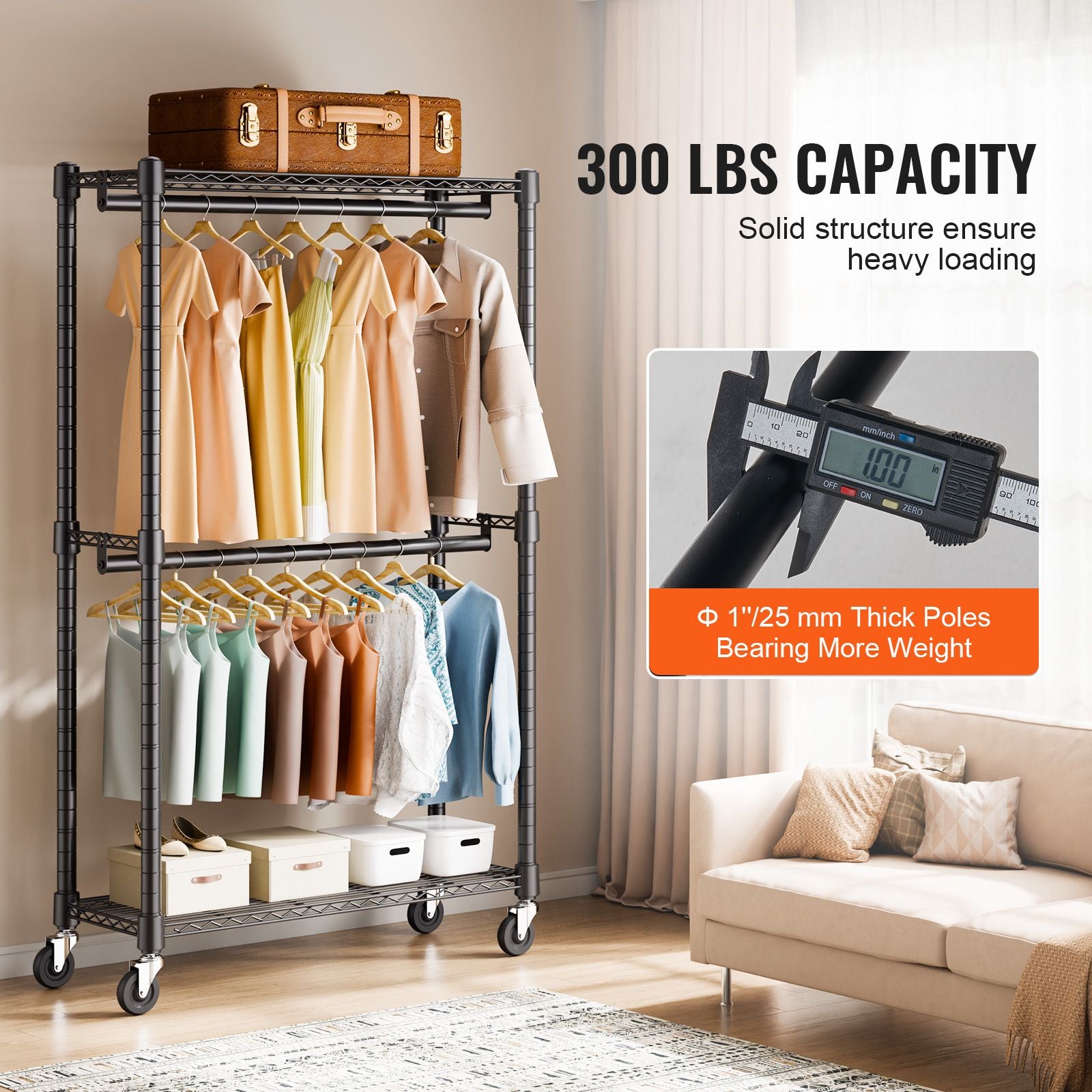Double Hanging Rod Clothing Rack on Wheels with Storage Shelves