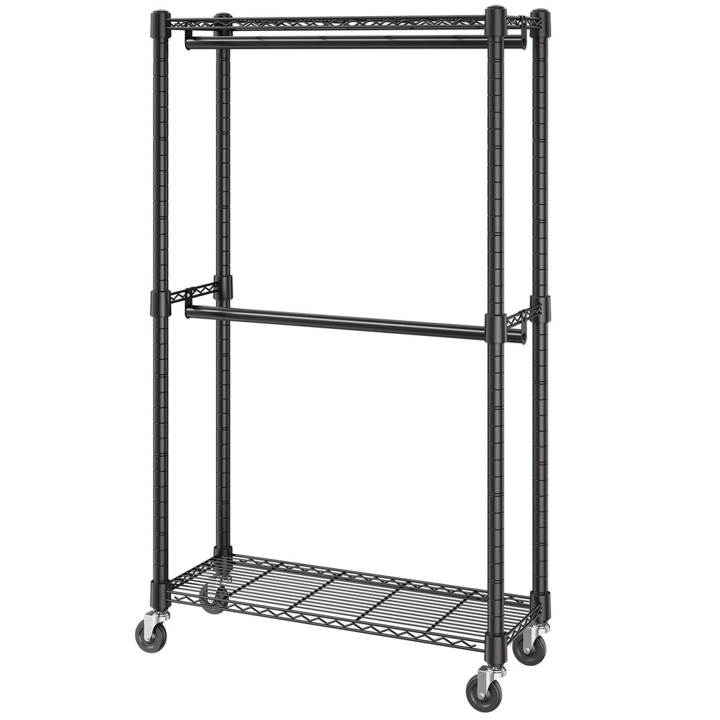 Double Hanging Rod Clothing Rack on Wheels with Storage Shelves