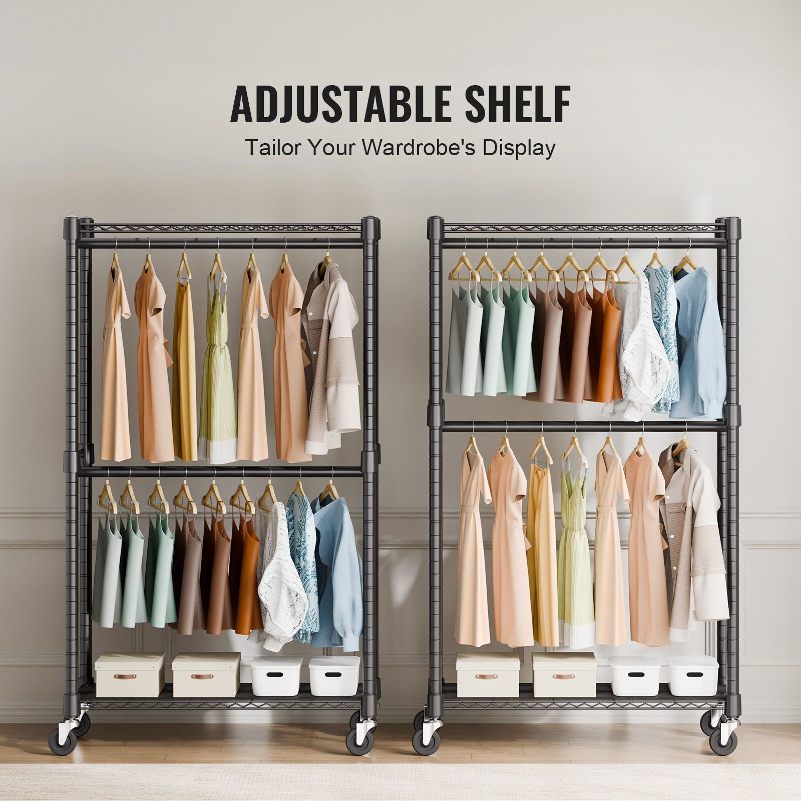 Double Hanging Rod Clothing Rack on Wheels with Storage Shelves