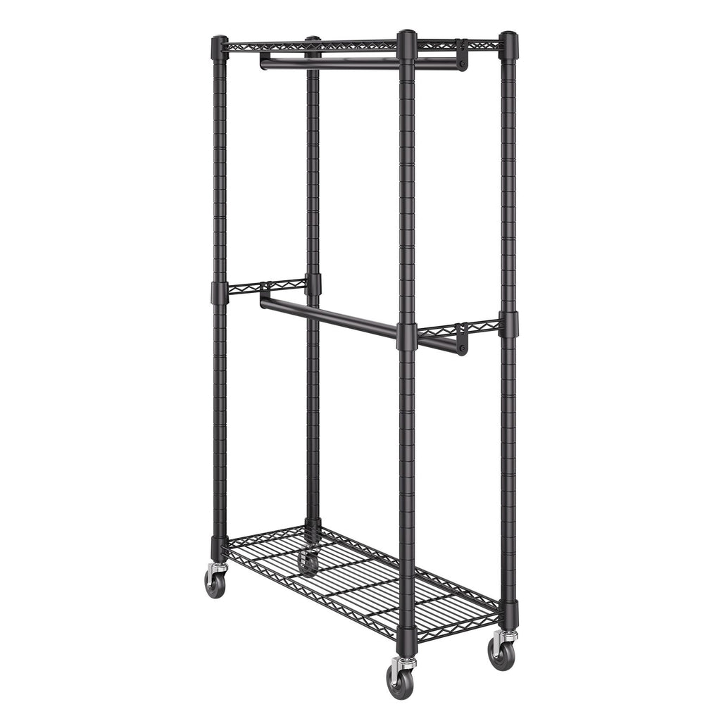 Double Hanging Rod Clothing Rack on Wheels with Storage Shelves