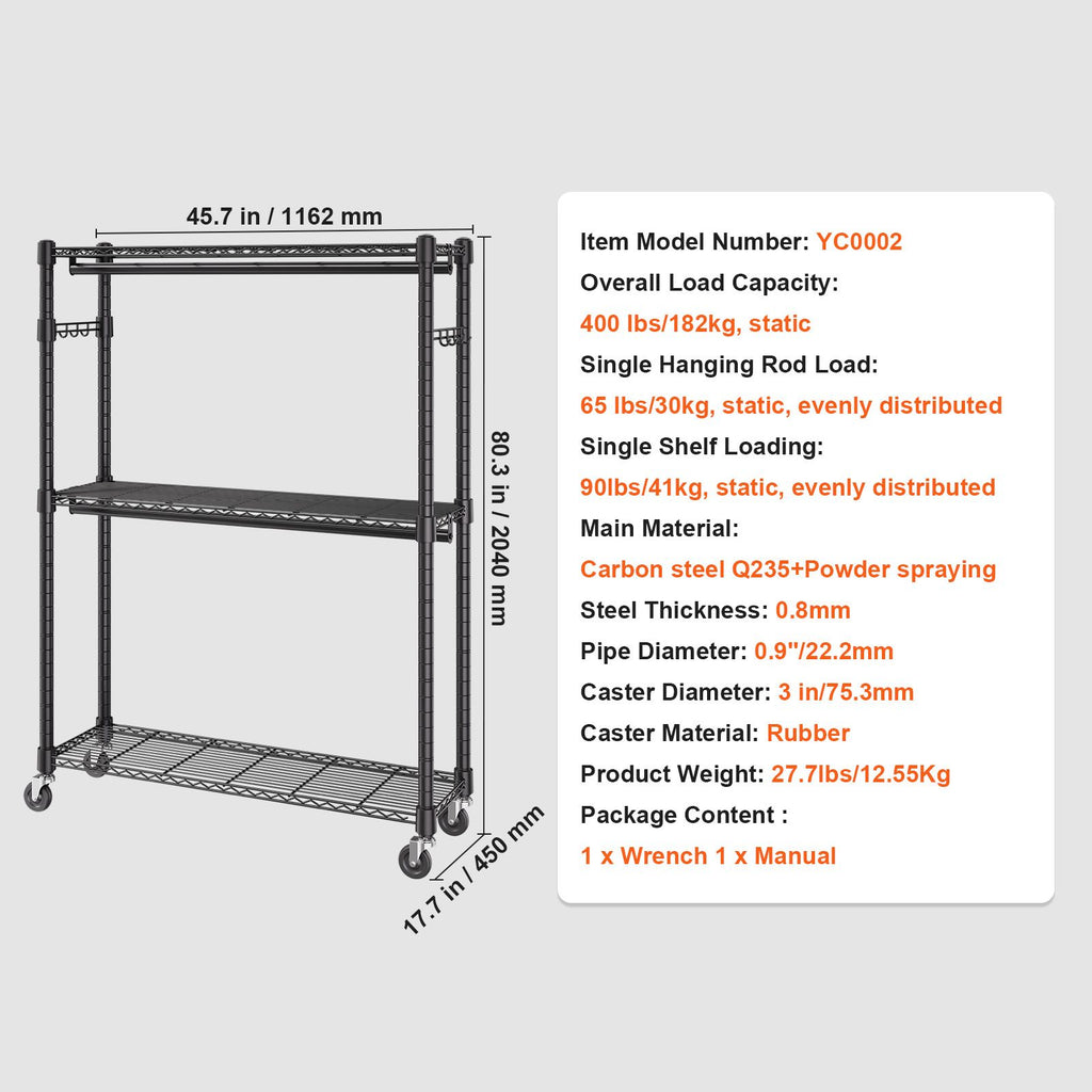 practical Rolling Clothes Rack with Adjustable Shelf, 2 Rods & 3 Tiers