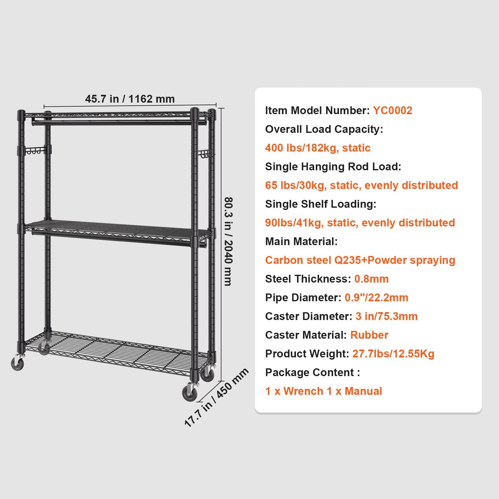 practical Rolling Clothes Rack with Adjustable Shelf, 2 Rods & 3 Tiers