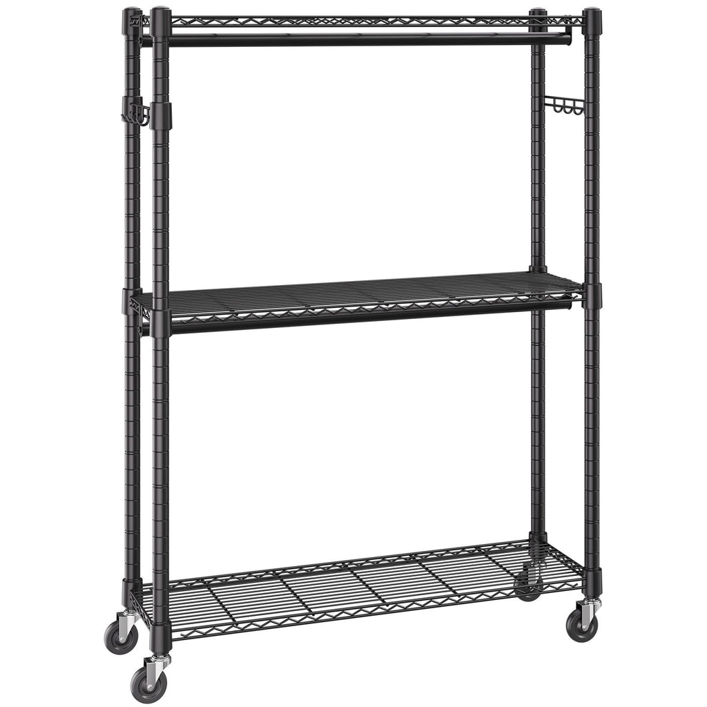 practical Rolling Clothes Rack with Adjustable Shelf, 2 Rods & 3 Tiers