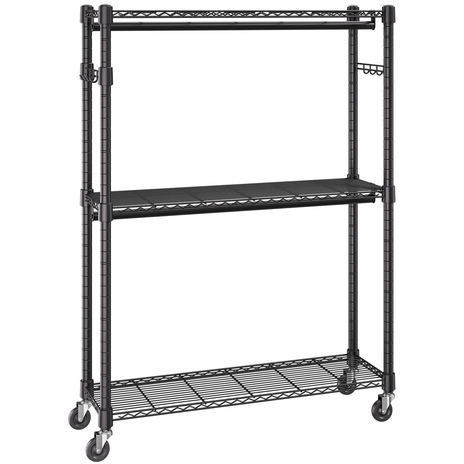 practical Rolling Clothes Rack with Adjustable Shelf, 2 Rods & 3 Tiers