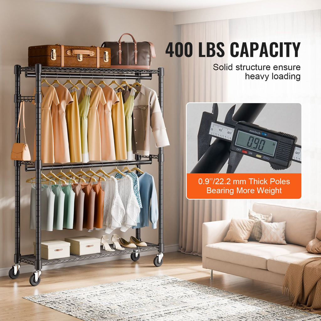 practical Rolling Clothes Rack with Adjustable Shelf, 2 Rods & 3 Tiers