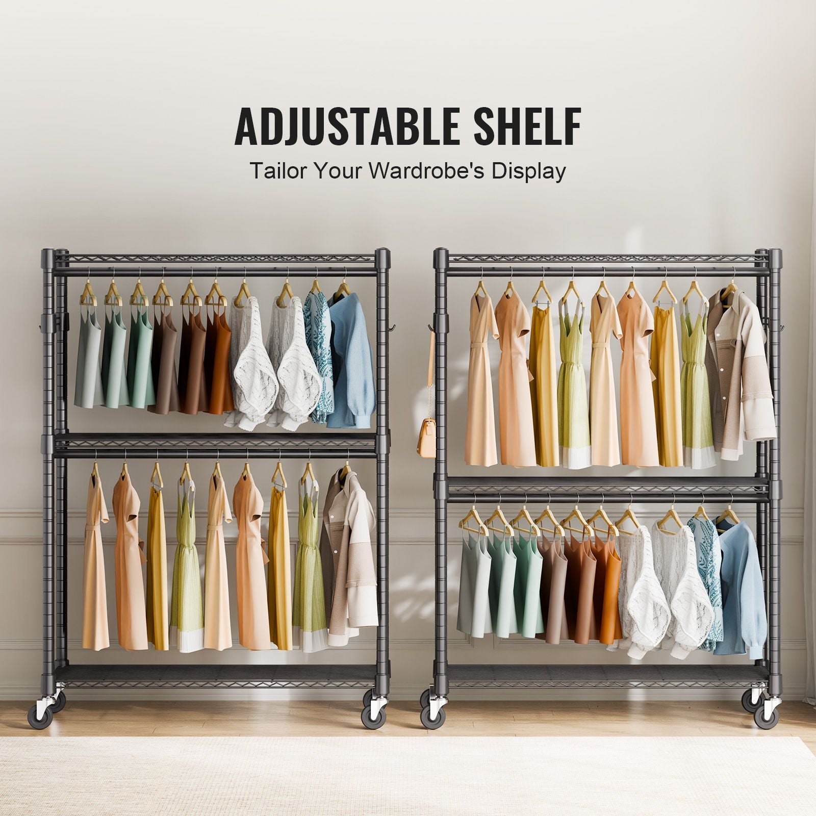 practical Rolling Clothes Rack with Adjustable Shelf, 2 Rods & 3 Tiers