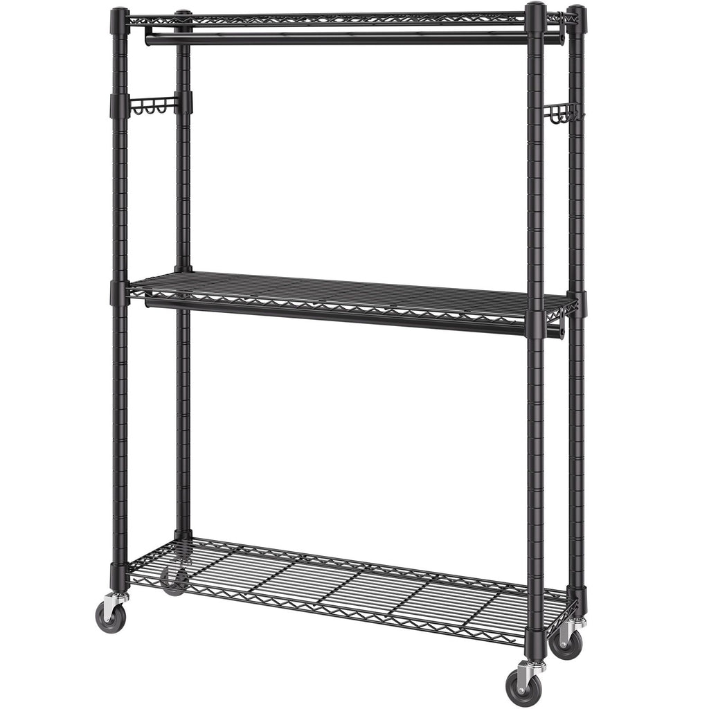 practical Rolling Clothes Rack with Adjustable Shelf, 2 Rods & 3 Tiers