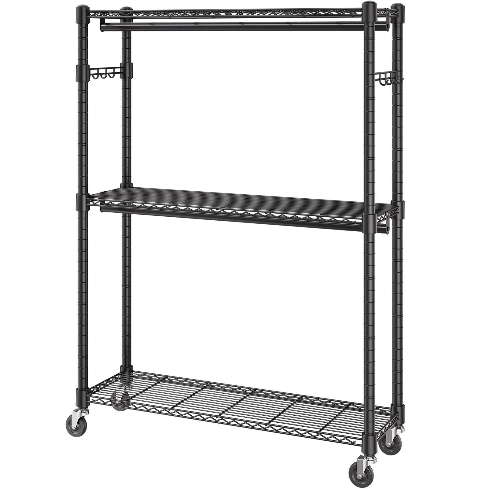practical Rolling Clothes Rack with Adjustable Shelf, 2 Rods & 3 Tiers