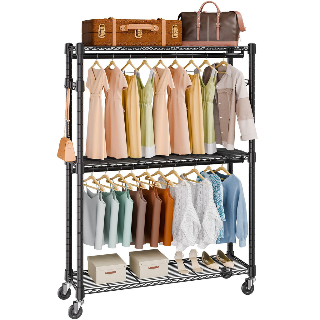 practical Rolling Clothes Rack with Adjustable Shelf, 2 Rods & 3 Tiers