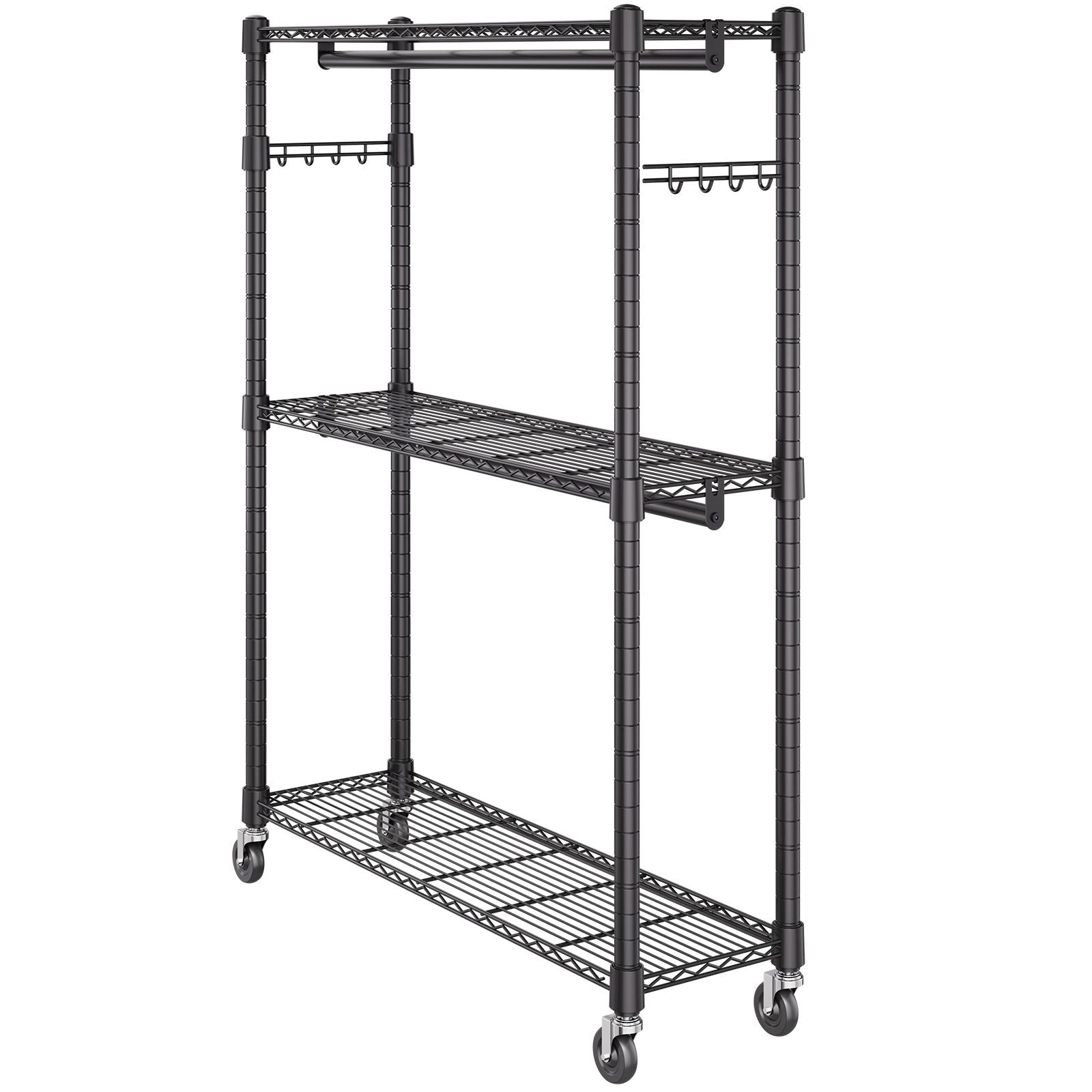 practical Rolling Clothes Rack with Adjustable Shelf, 2 Rods & 3 Tiers