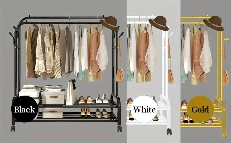 Rolling Double-Rod Garment Rack with Shelf and Side Hooks