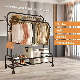 Rolling Double-Rod Garment Rack with Shelf and Side Hooks
