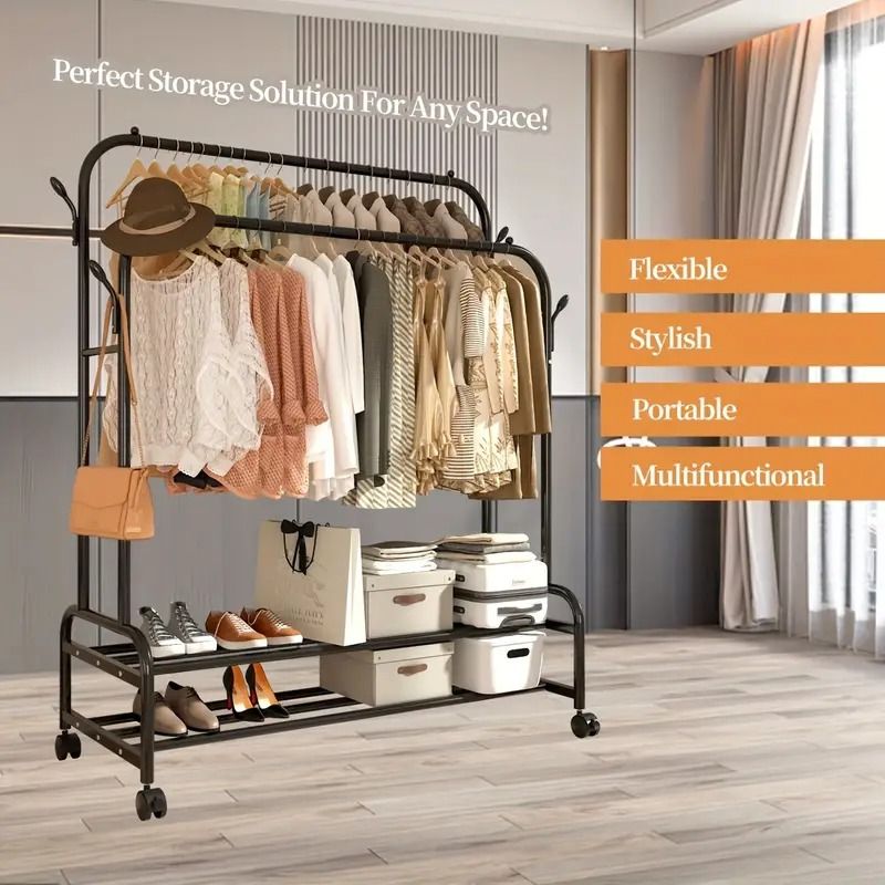 Rolling Double-Rod Garment Rack with Shelf and Side Hooks