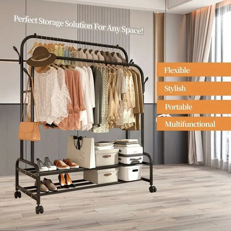Rolling Double-Rod Garment Rack with Shelf and Side Hooks
