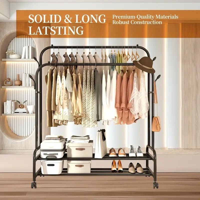 Rolling Double-Rod Garment Rack with Shelf and Side Hooks
