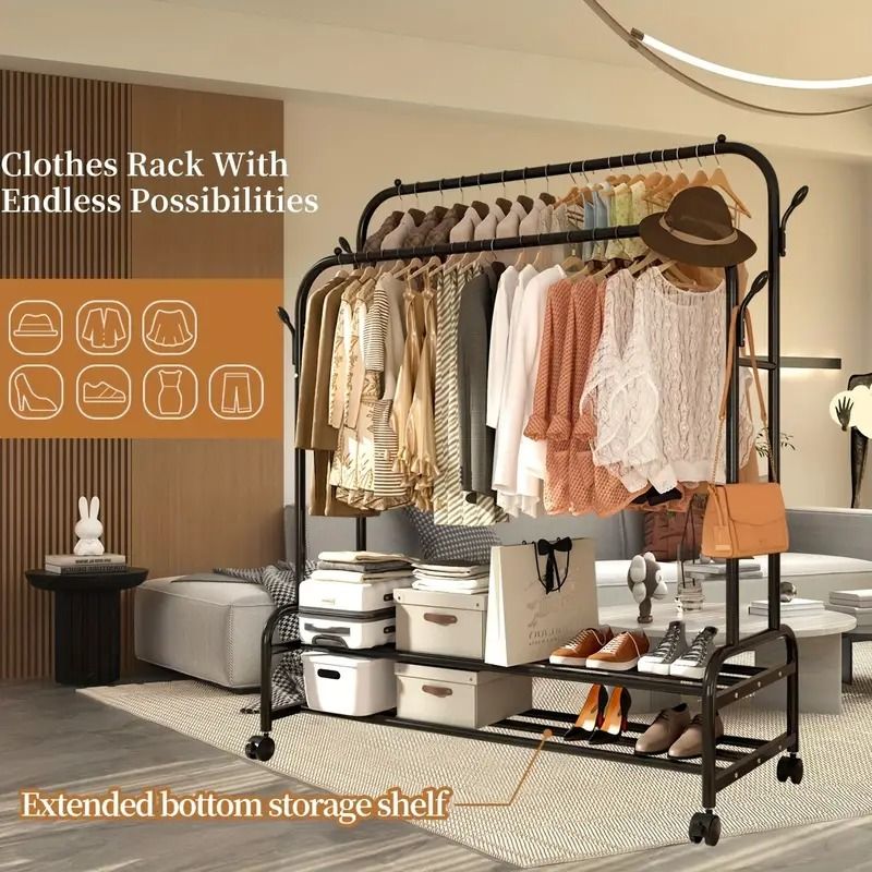 Rolling Double-Rod Garment Rack with Shelf and Side Hooks