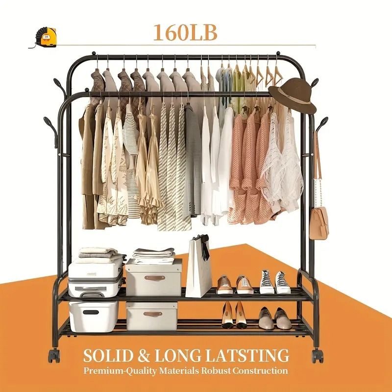 Rolling Double-Rod Garment Rack with Shelf and Side Hooks